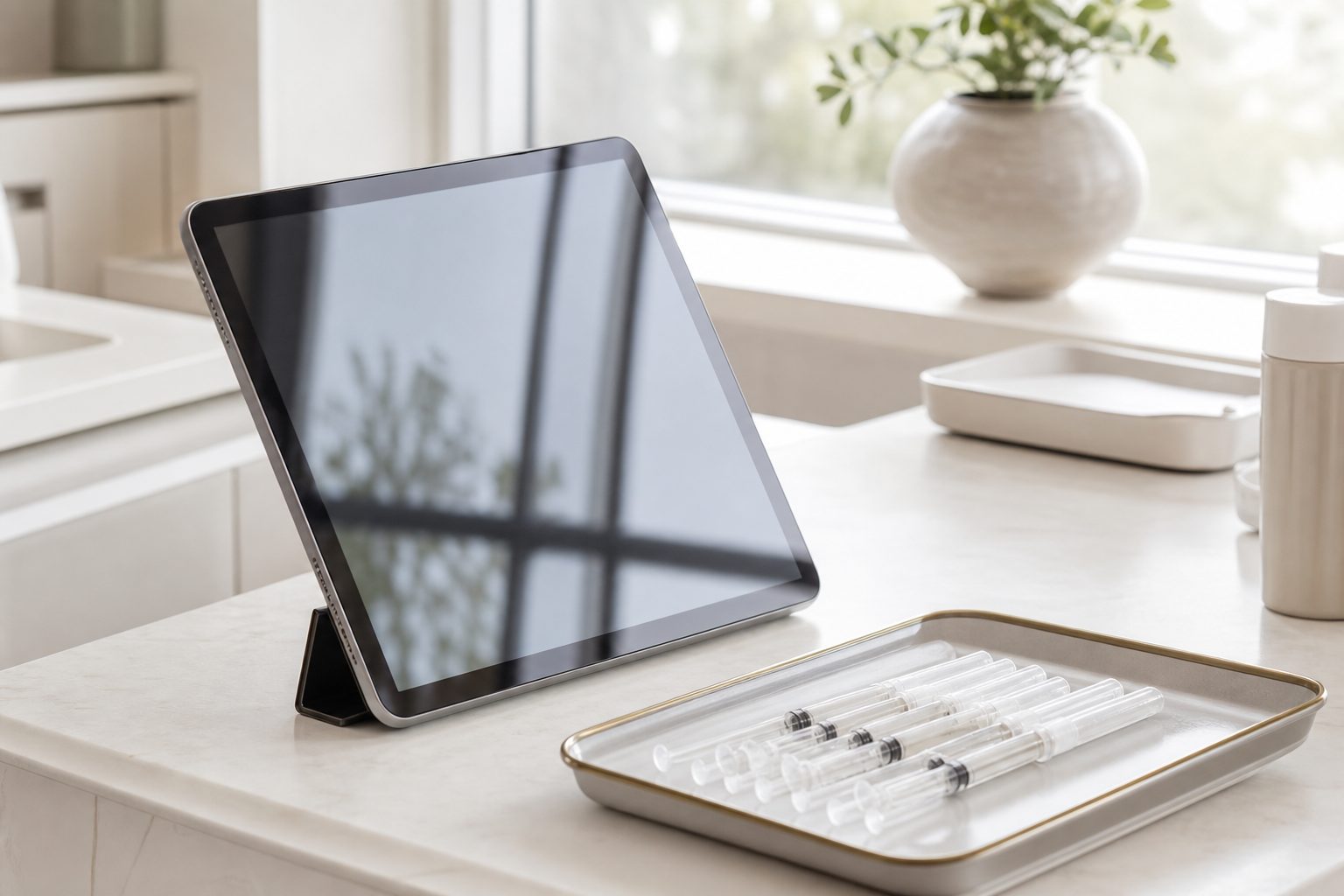 Tablet on a white clinic counter beside a tray of prepared syringes in daylight
