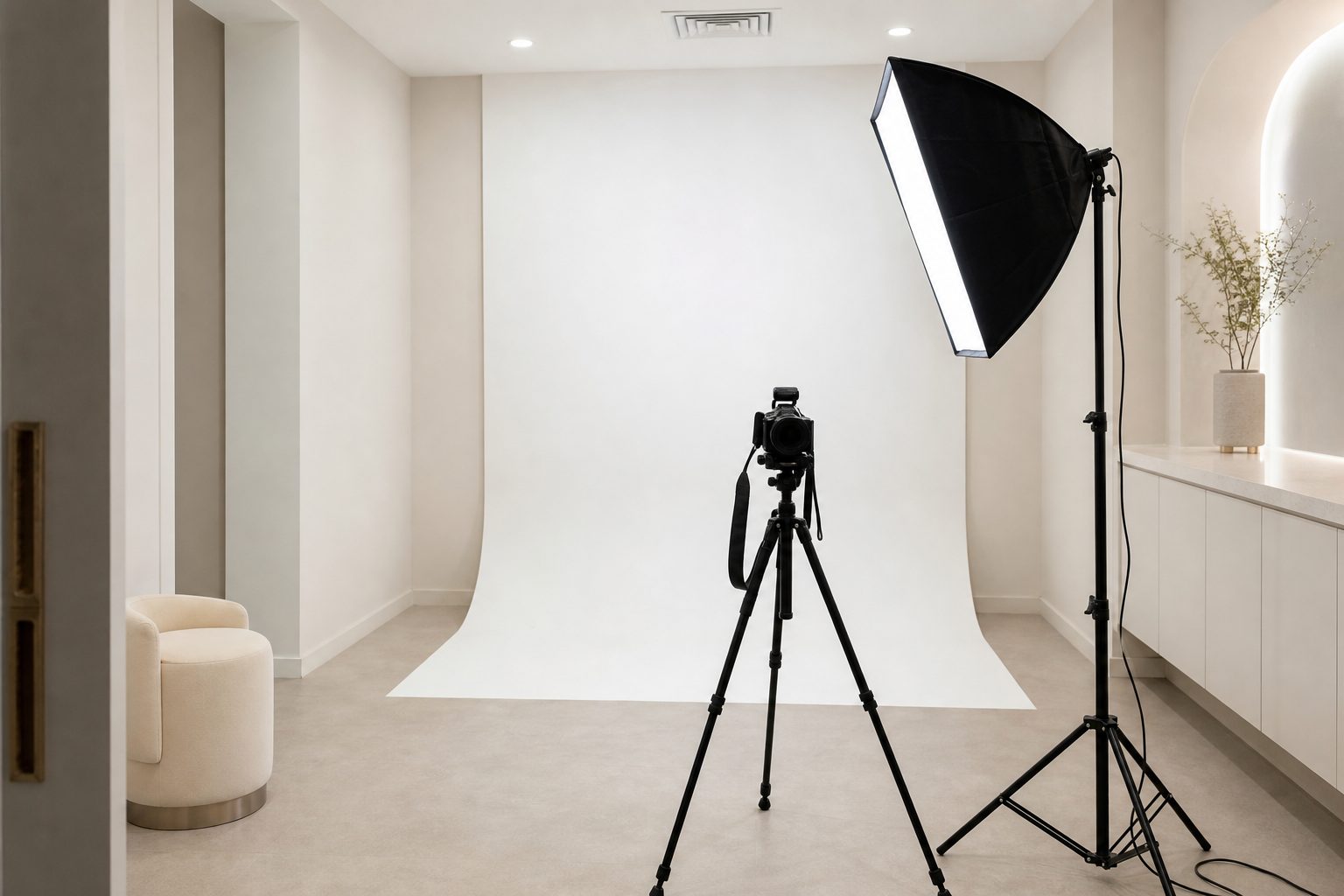 Clinic photography corner with a tripod camera and softbox against a white backdrop