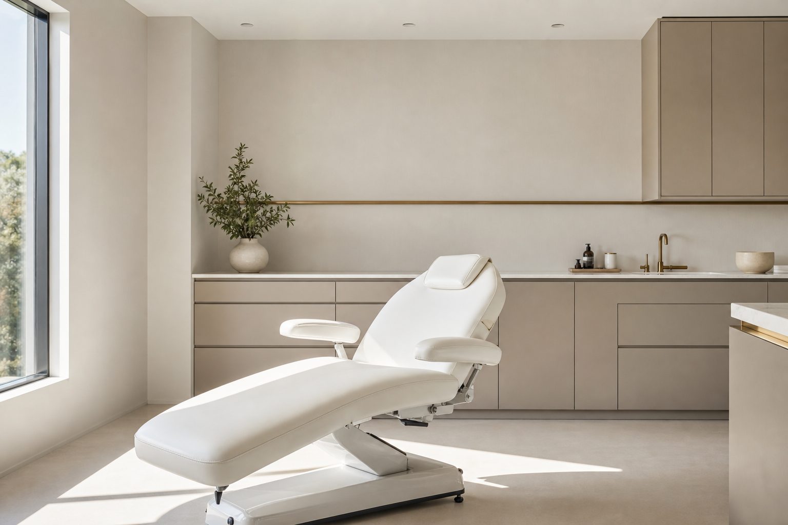 Empty finished treatment room with a white chair, taupe cabinetry and sunlight on the floor