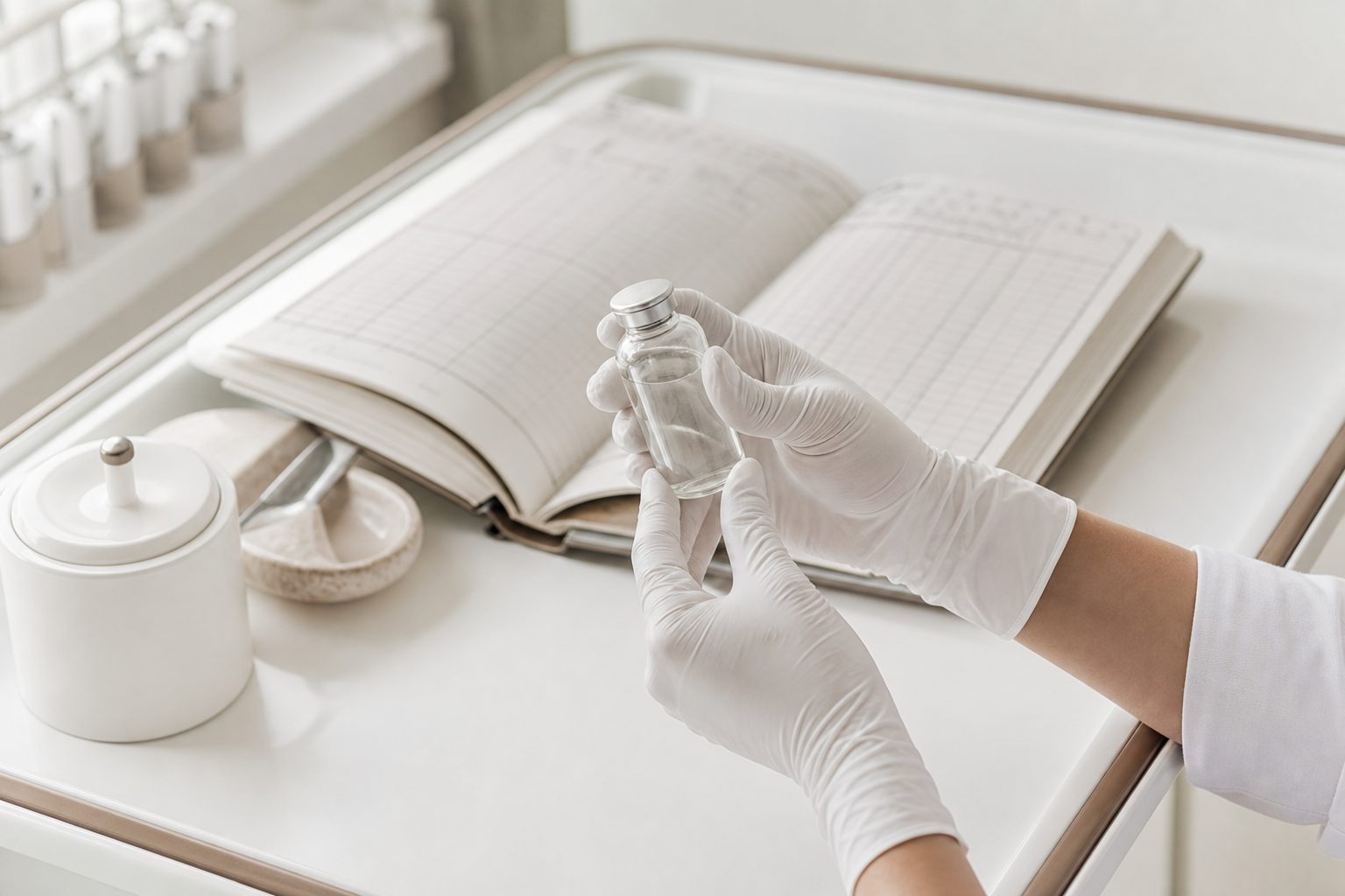 Gloved hands holding a small vial next to an open log on a white clinical tray