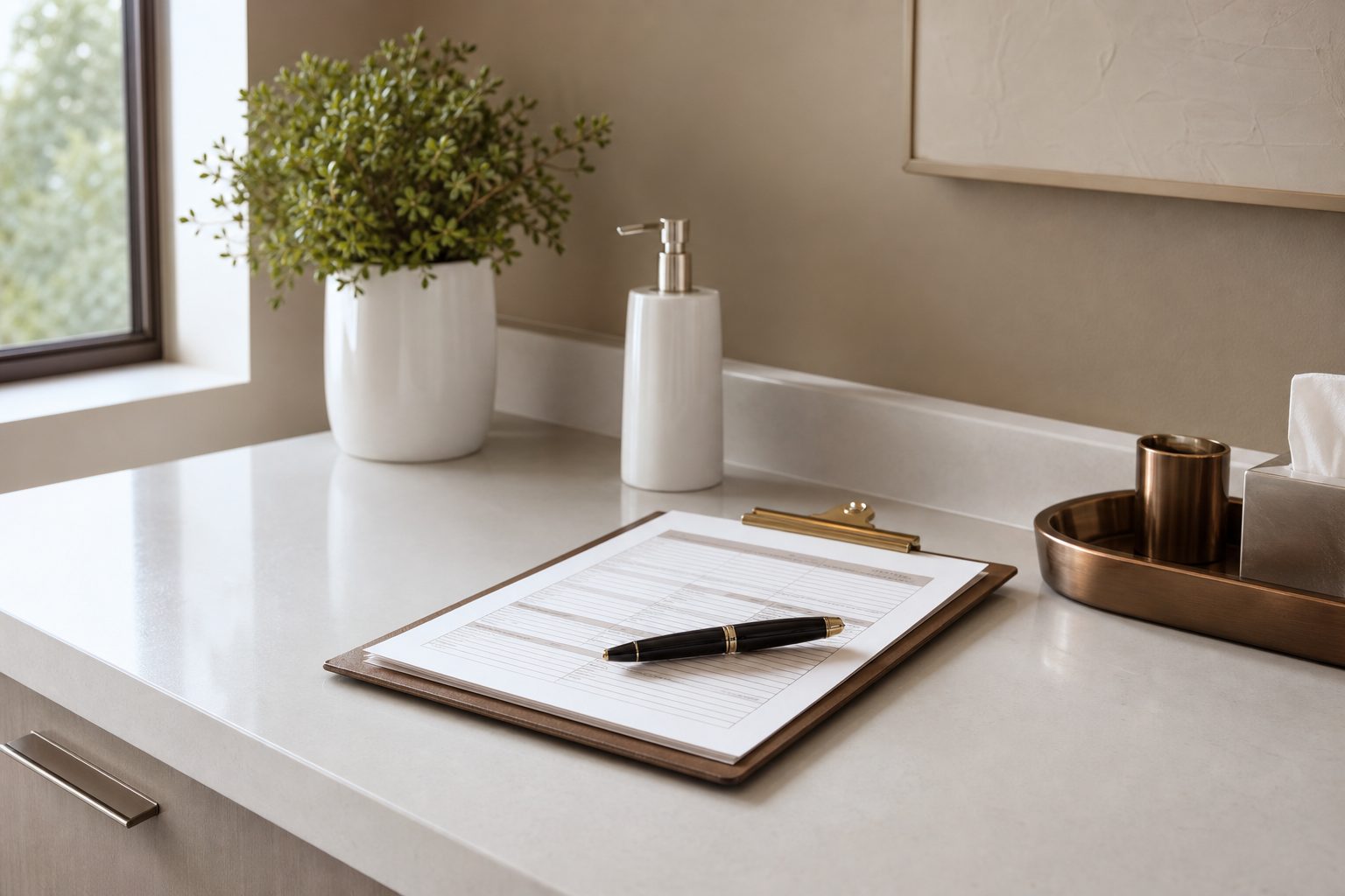 Clipboard with a printed form and pen on a bone white clinic counter in soft daylight