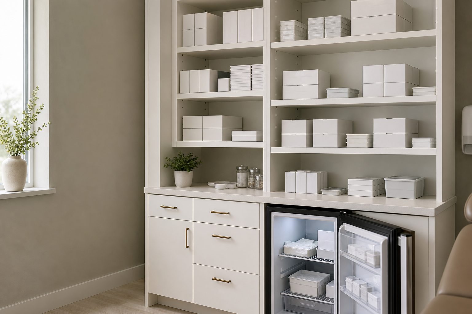 Neatly organized white clinic supply cabinet and small refrigerator in bright daylight