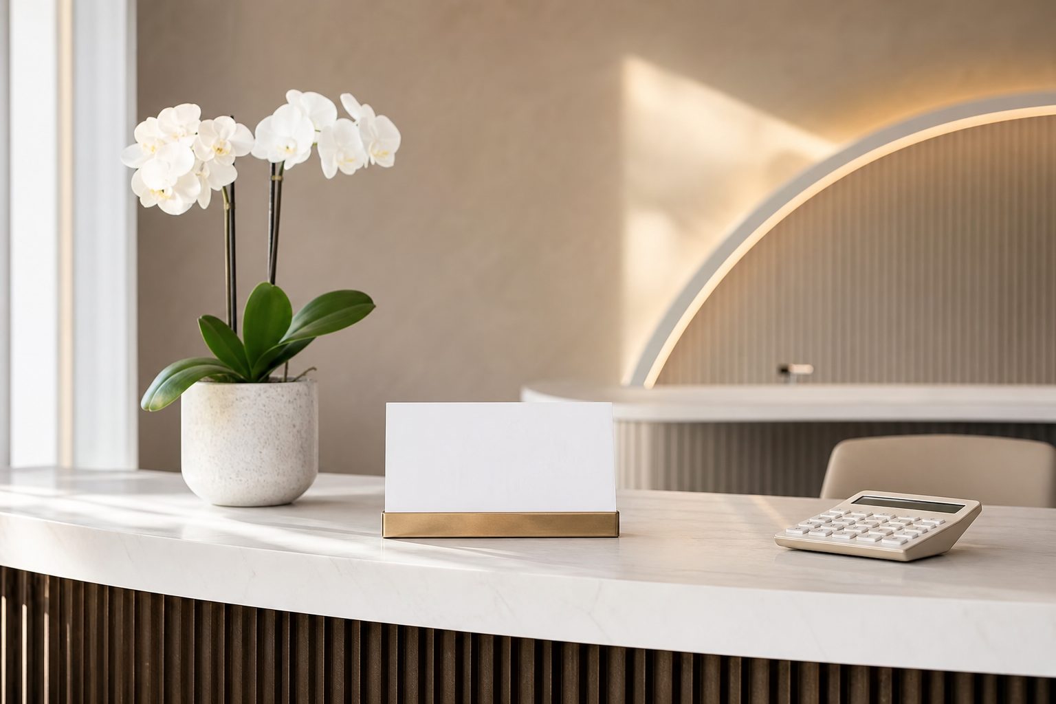 Bright clinic reception desk with a blank card holder, calculator and white orchid