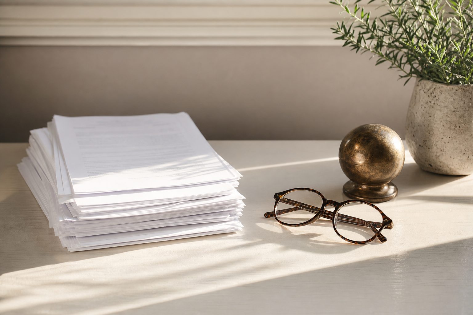 Bright desk with a stack of plain documents, reading glasses and a bronze paperweight