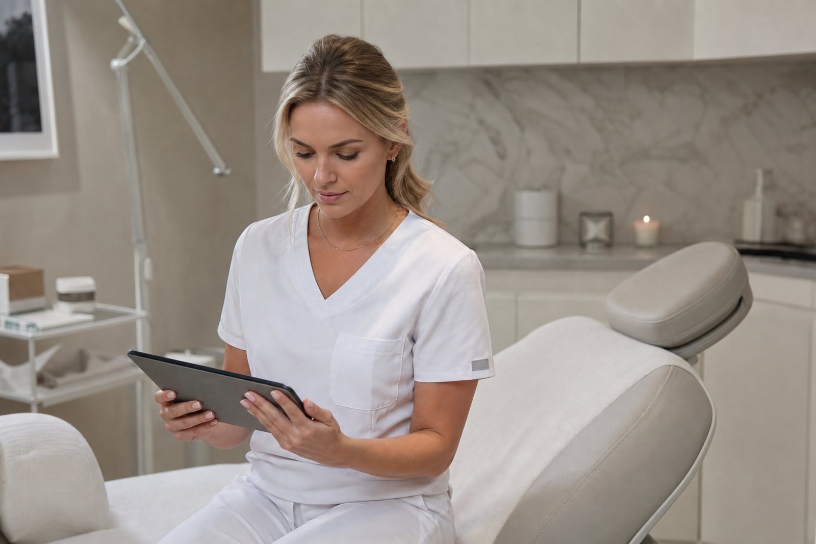A nurse injector in a bone white aesthetics clinic reviewing a patient treatment record on a tablet beside a treatment chair