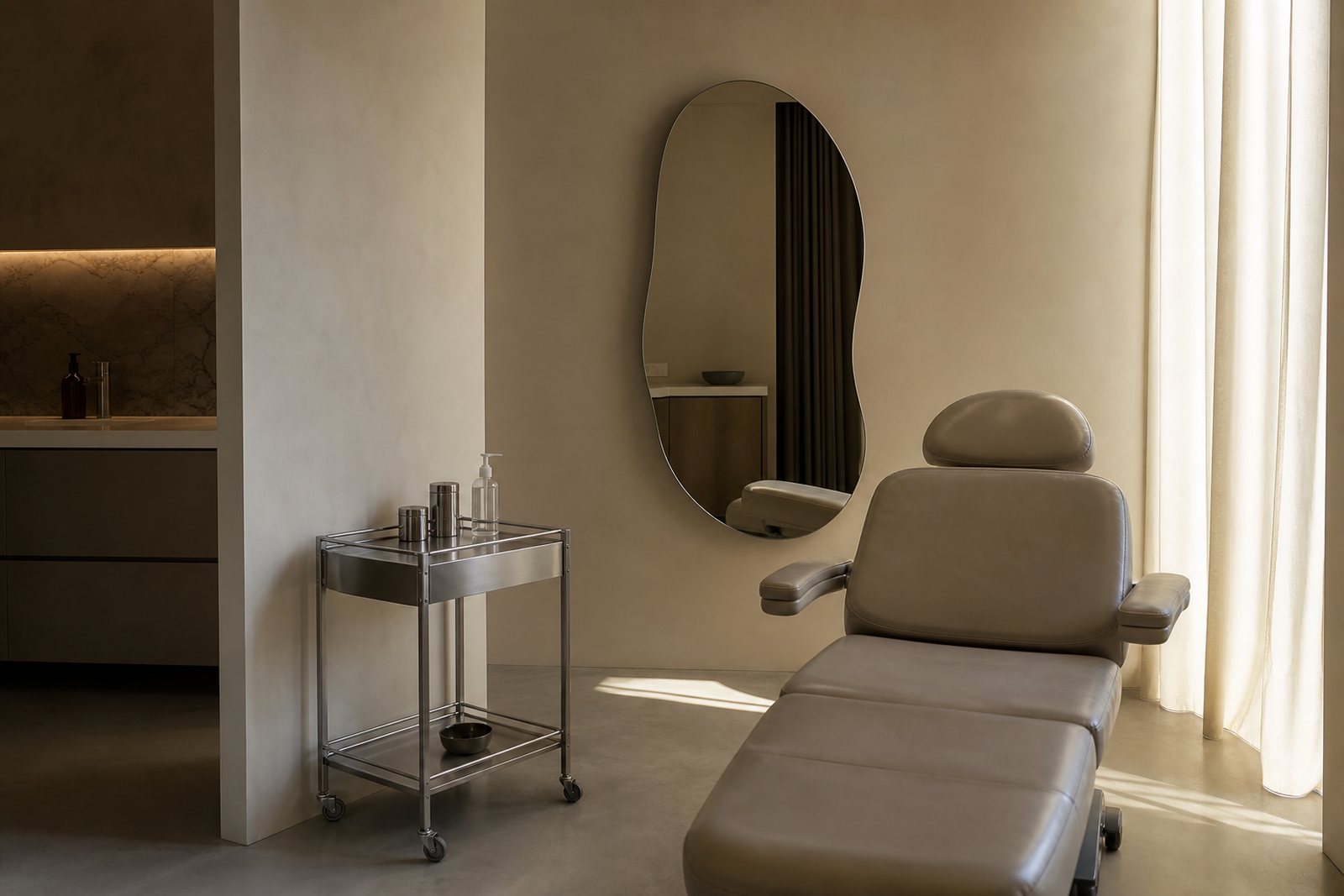 A minimal aesthetics treatment room with a leather treatment chair, a stainless steel trolley and a mirror lit by soft daylight